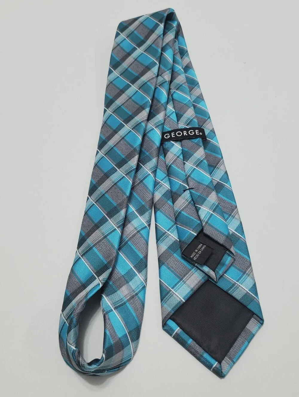 George Men's Neck Tie Blue Plaid Pattern 57x2.75